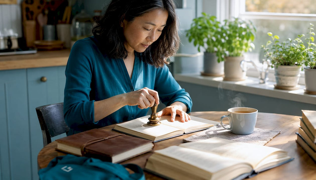 Woman embossing book page at home desk