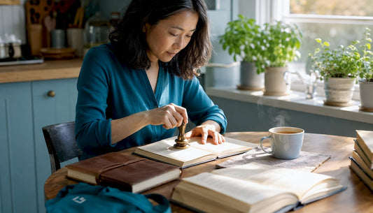 Woman embossing book page at home desk
