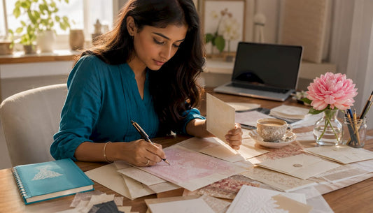 Woman arranging wedding invitations at kitchen table