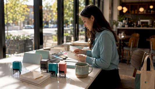 Woman arranging premium stationery samples at home