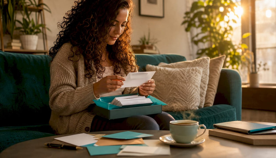 Woman selecting personalized note cards at home desk