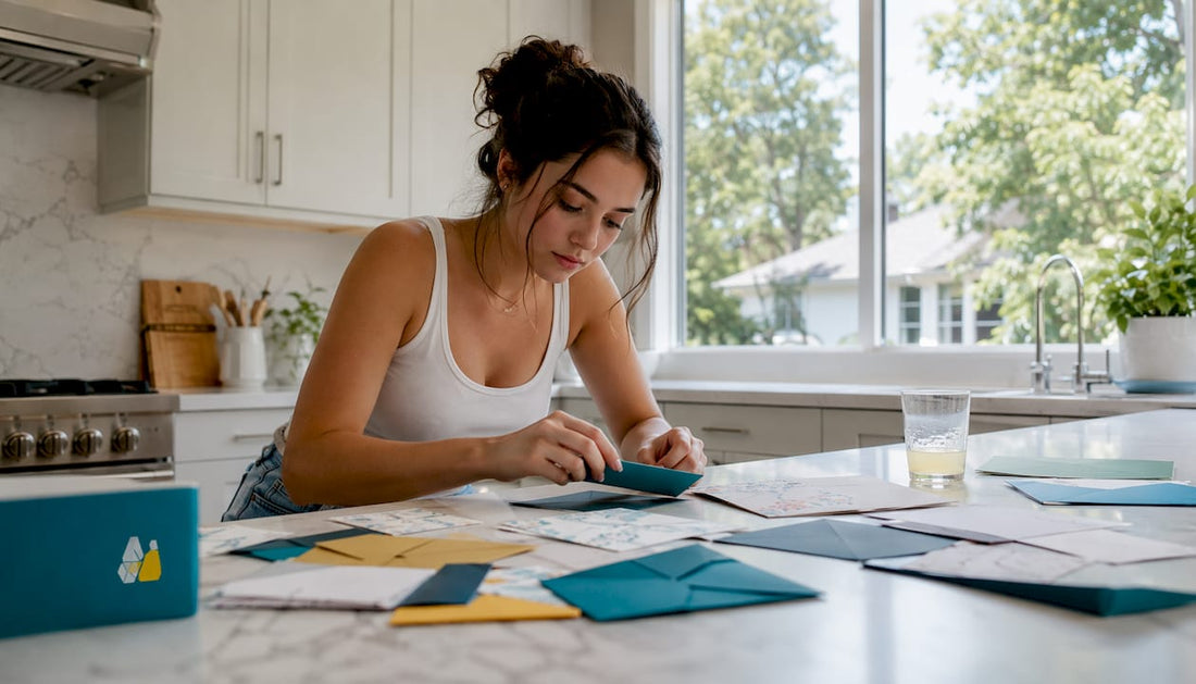 Young woman arranging graduation invitations at home