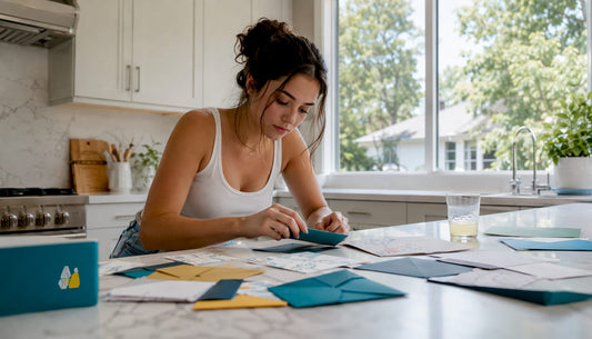 Young woman arranging graduation invitations at home