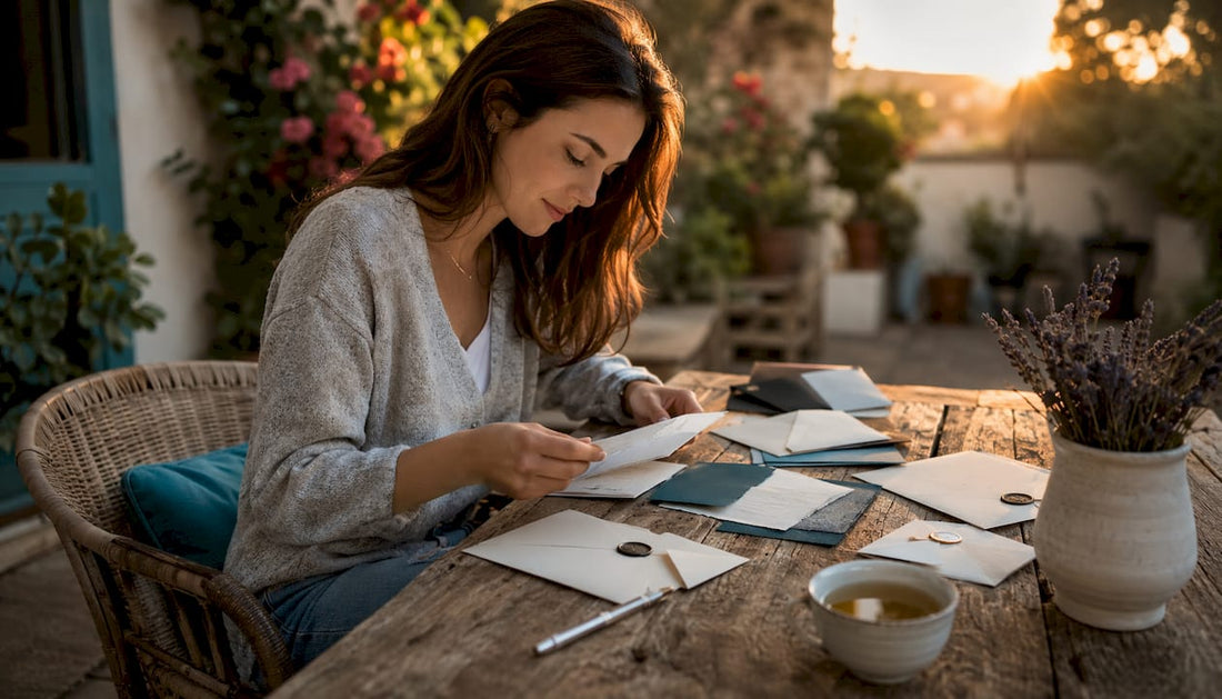 Woman reviewing adults-only wedding invitations