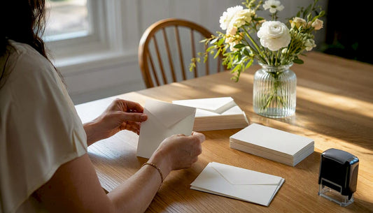 Hands arranging rehearsal dinner invitations