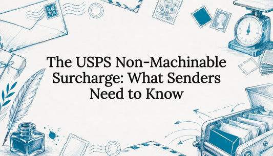 Decorative title card illustration of postal themes with envelopes and stamps