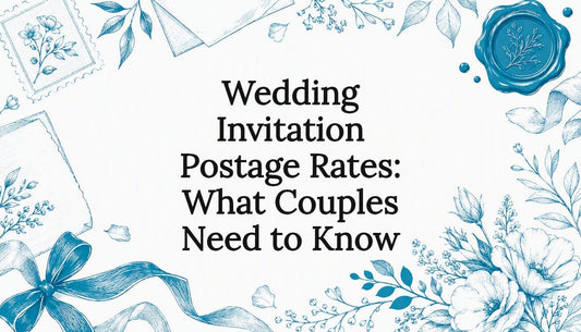 Decorative wedding postage-themed title card illustration