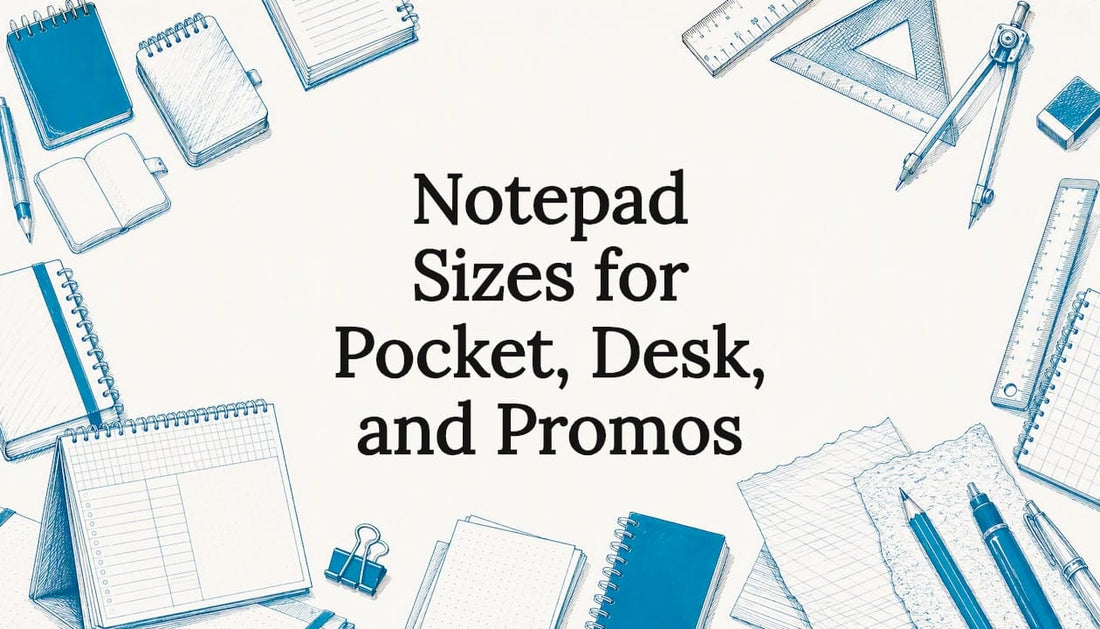 Decorative title card with sketches of varied notepad sizes