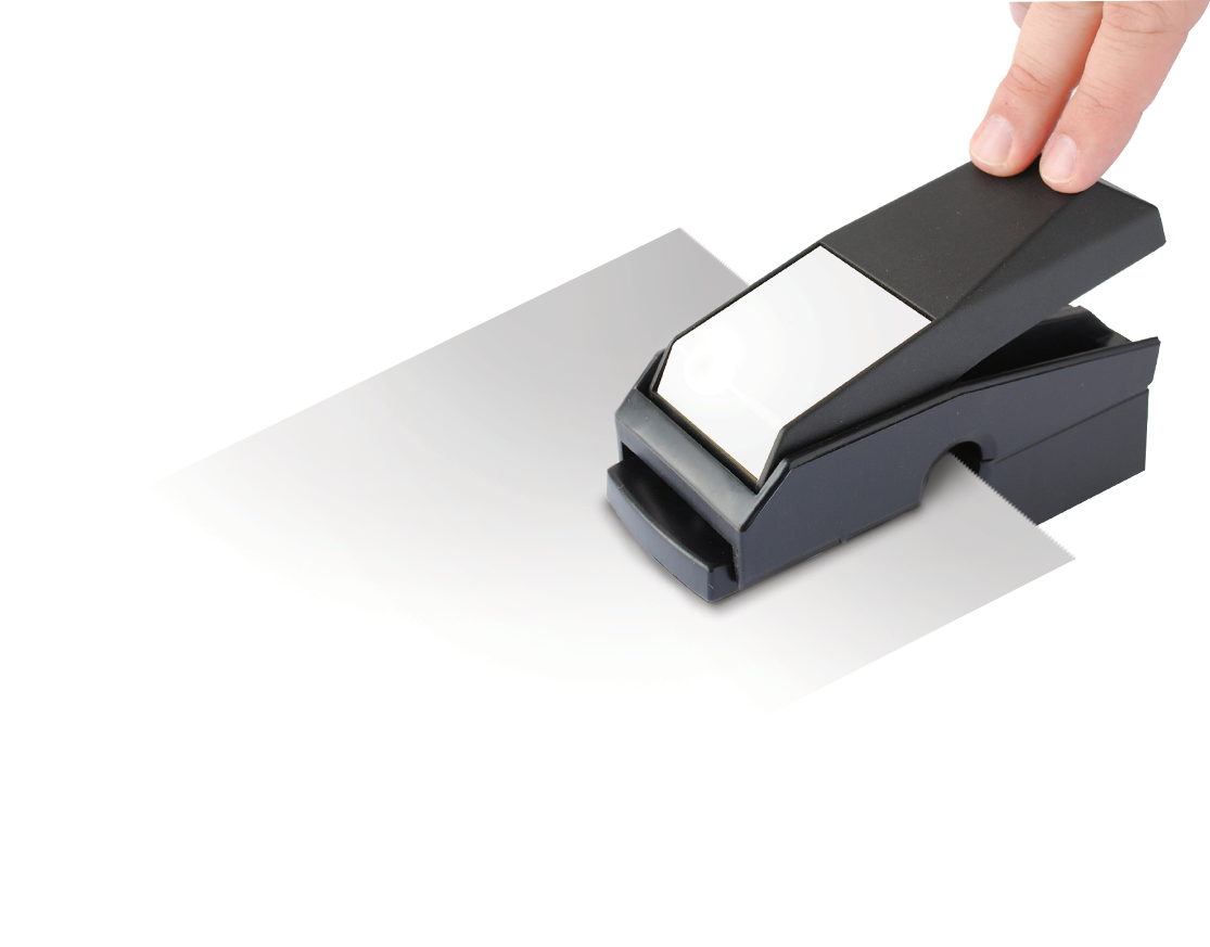 A black Noteworthy Embosser Unit (Mechanism Only) with an open lever.