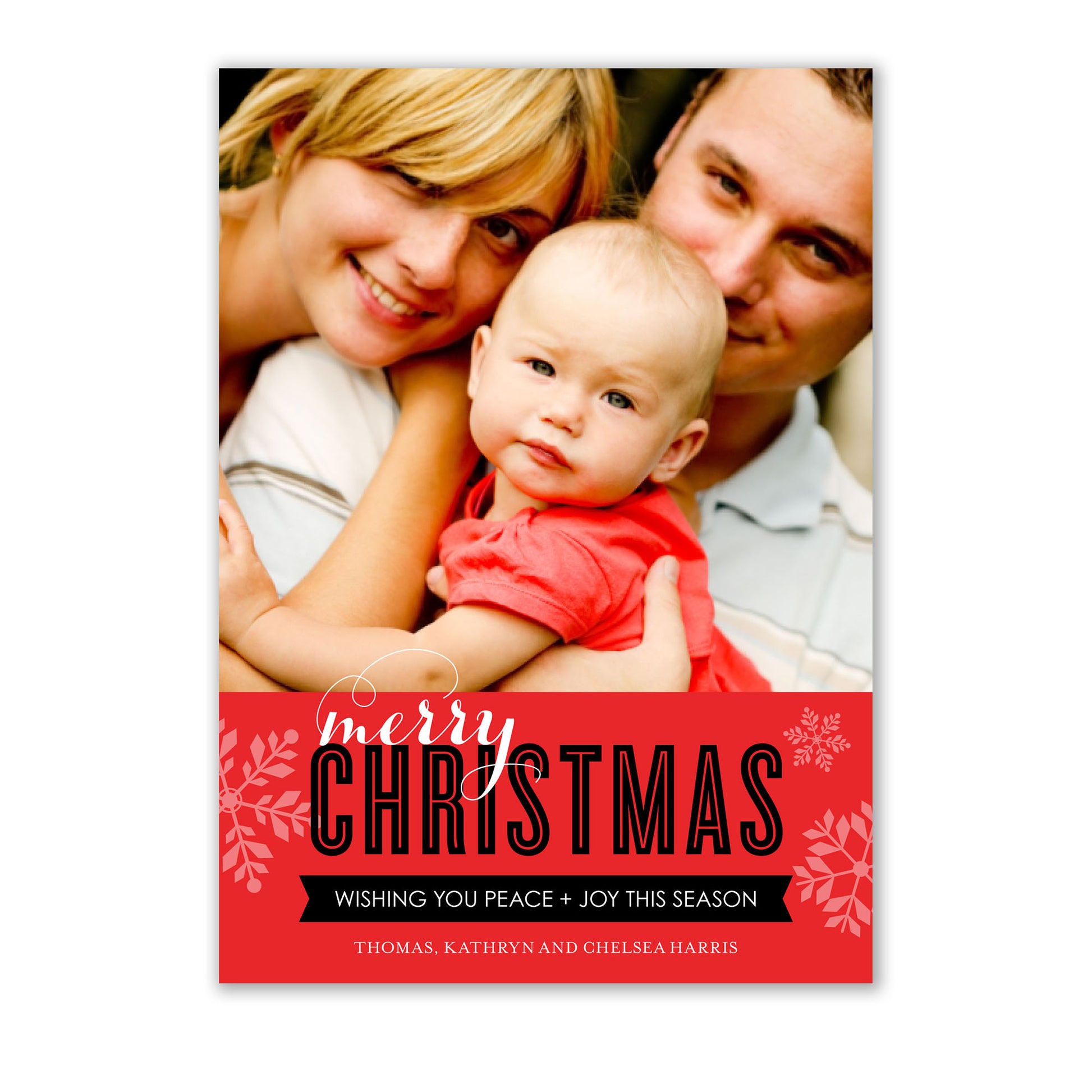 Noteworthy Merry Snowflakes Photo Card with white unlined envelopes.