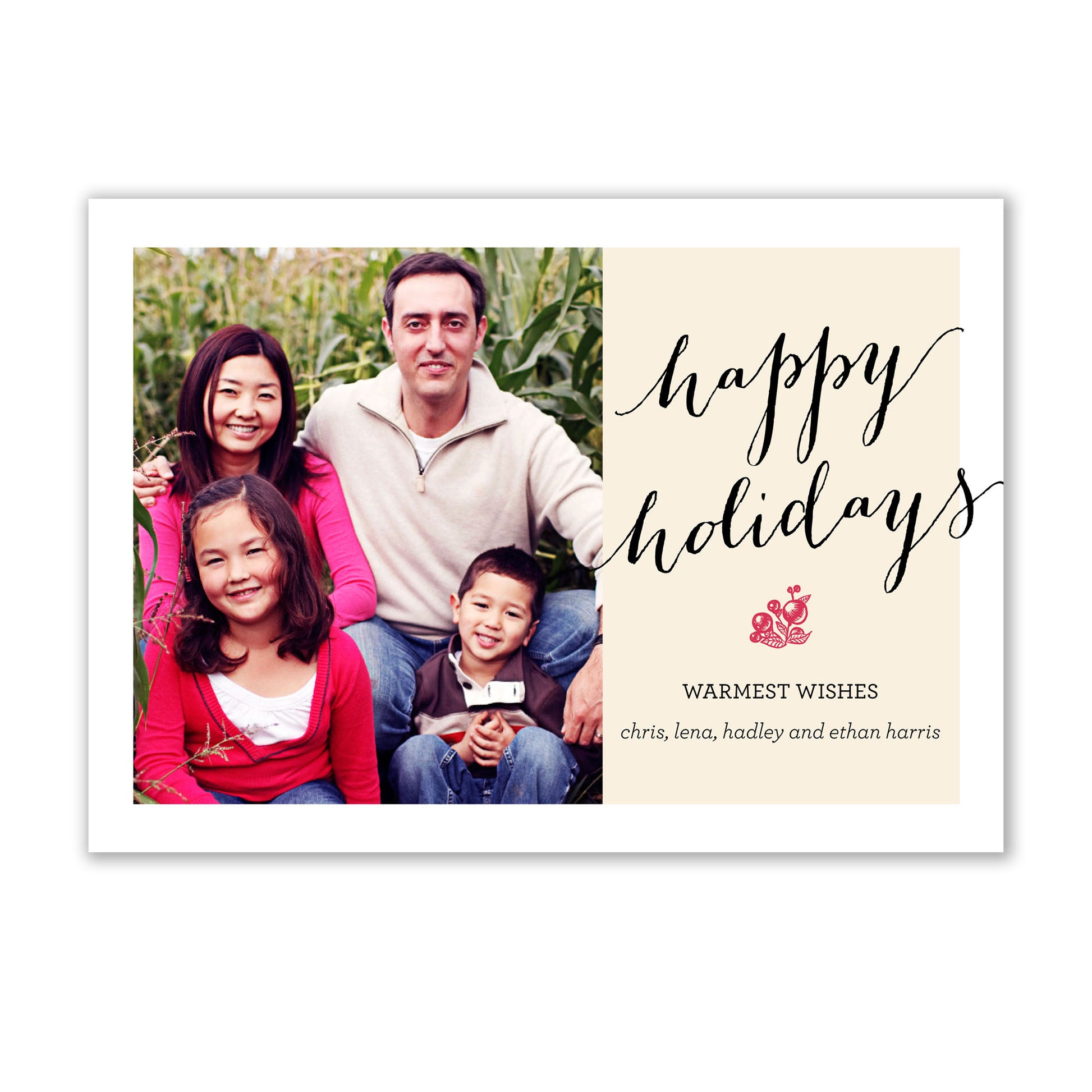 A family is posing for a Noteworthy Rustic Holiday Photo Card.