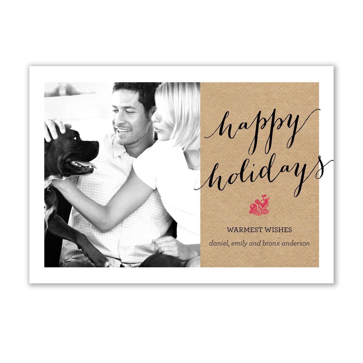 A couple with a dog on a Krafty Holiday Photo Card from Noteworthy, wishing everyone happy holidays.