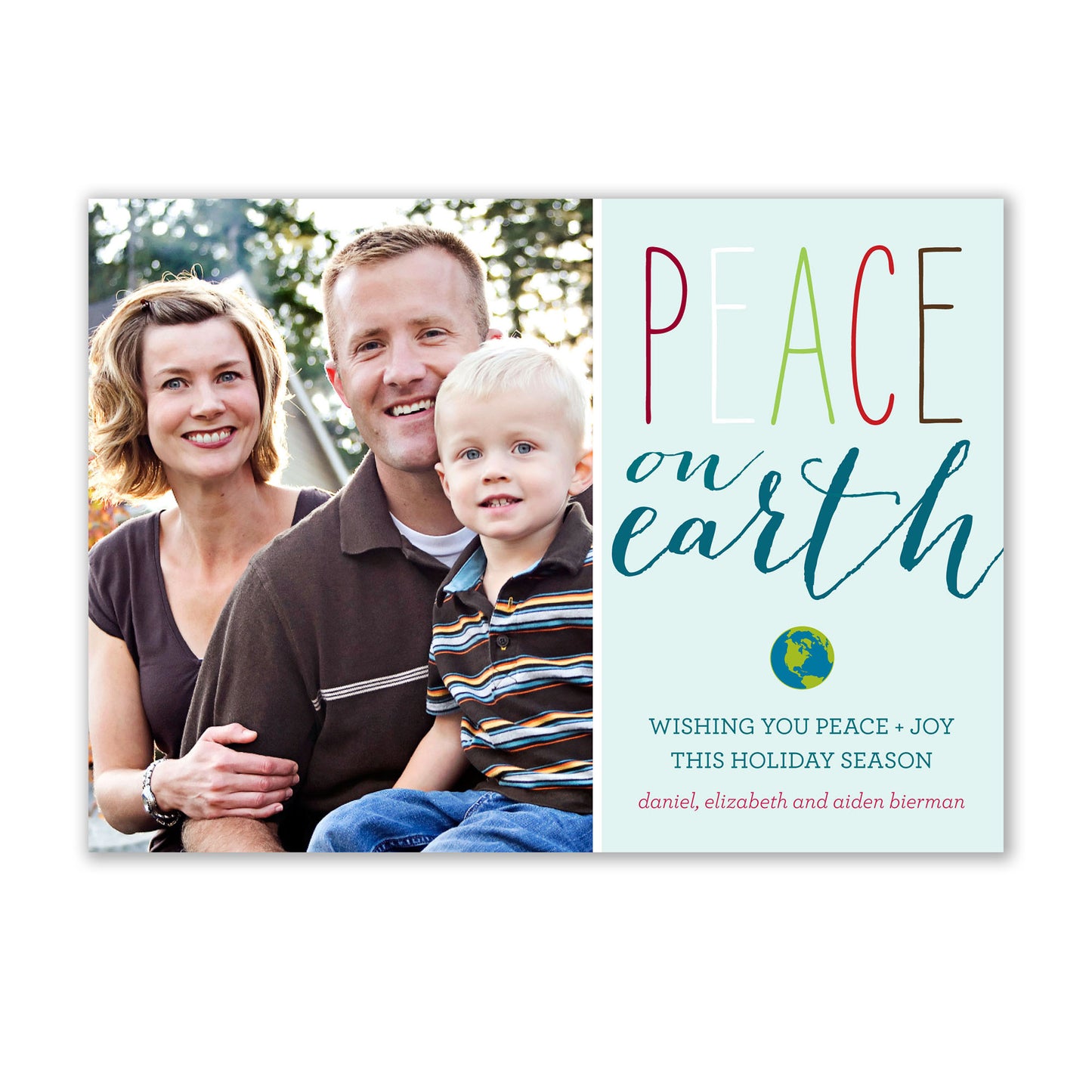 Noteworthy Peace On Earth Photo Card with white unlined envelopes for spreading peace on earth.