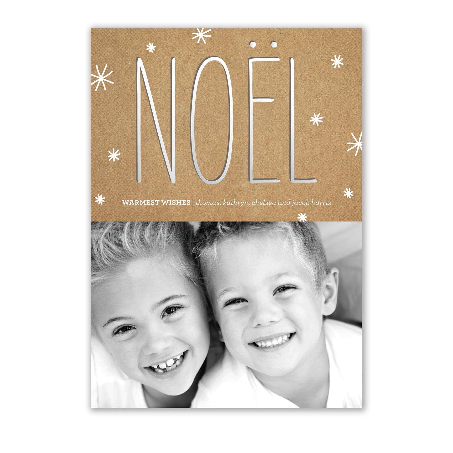 A close up of a white unlined envelope from the Noteworthy Krafty Noel Photo Card holiday photo card.