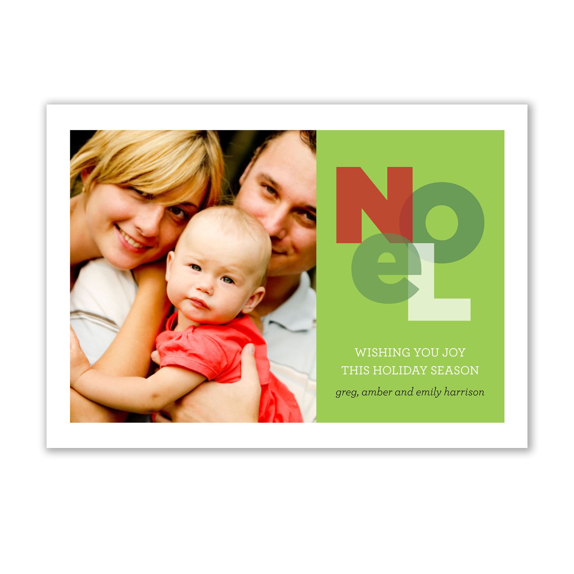 A Modern Noel Photo Card featuring a family holding a baby, complete with white unlined envelopes, by Noteworthy.
