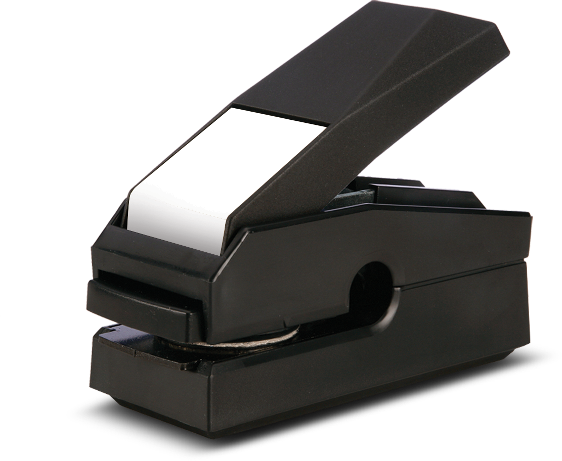 A black Noteworthy Embosser Unit (Mechanism Only) with an open lever.