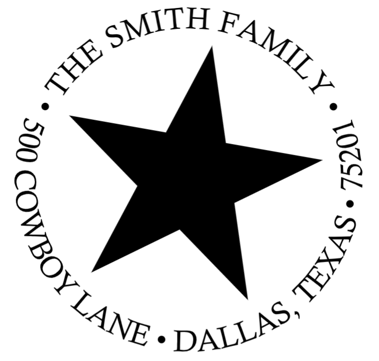 Featuring a circular seal design with a bold five-point star at its center, the Star Stamper or Embosser by Noteworthy is encircled by personalized text: “The Smith Family, 500 Cowboy Lane, Dallas, Texas, 75201.” This elegant style is ideal for use with designer self-inking stamps and embossers.