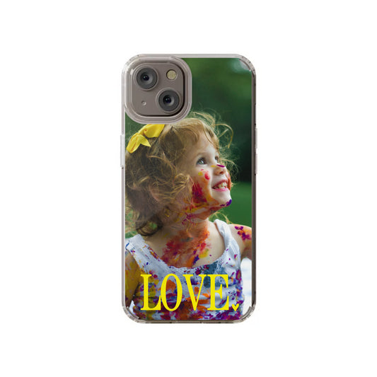 Show off a favorite photo with the Custom Love Photo iPhone 14 Clear Case from InvitationBox.com, featuring your own image and a cheerful yellow "LOVE" overlay for a unique, personalized touch.