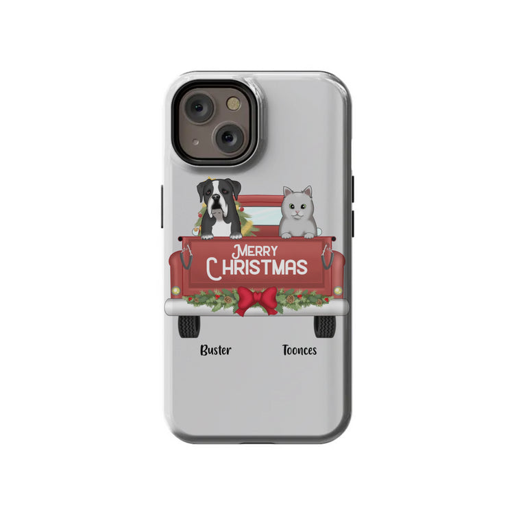 Custom Merry Christmas Pets in Truck iPhone 14 Tough Case