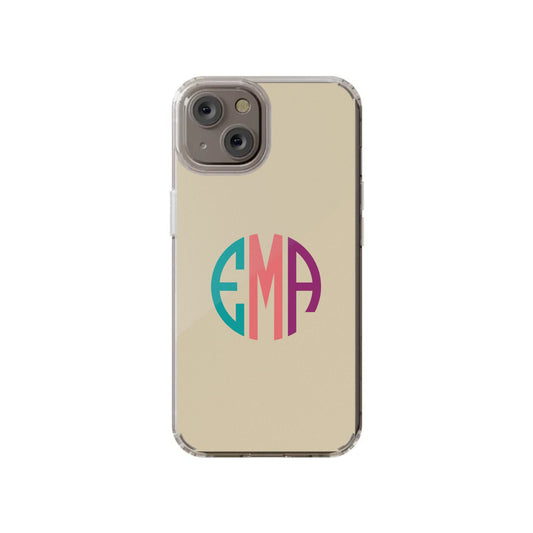 The Custom Circle Monogram iPhone 14 Clear Case by InvitationBox.com features a beige backing and the monogram "EMA" in a colorful blue and pink circular design, offering both style and phone protection.