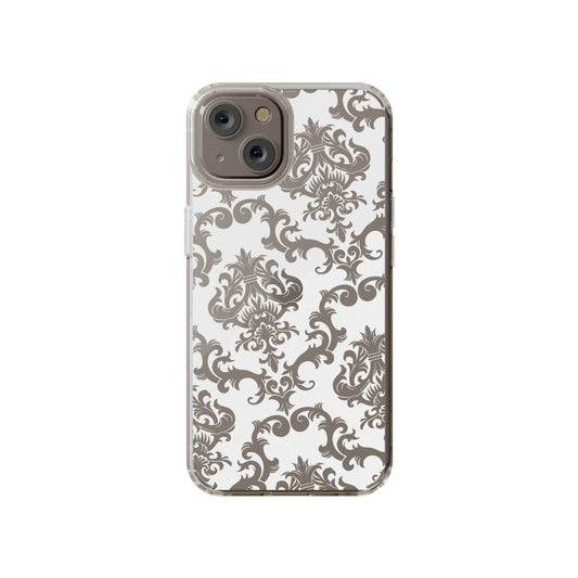 The Custom Pattern iPhone 14 Clear Case by InvitationBox.com features an ornate gray floral damask design on the back for a stylish, personalized look.