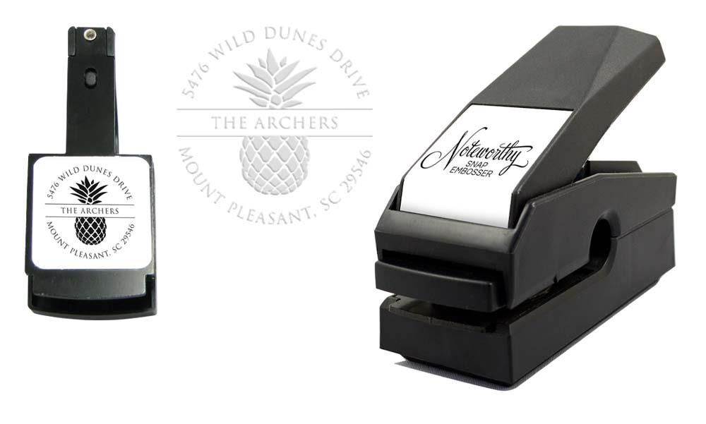 A Noteworthy Basic Motif Square Stamper or Embosser with the word "harrison" in black and white.