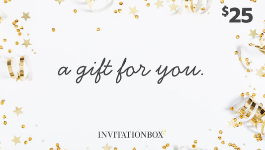 The InvitationBox.com Gift Card ($25) features "a gift for you" with gold and white ribbons and confetti—an ideal way to let someone choose their own perfect gift.
