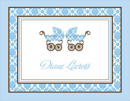 Damask Pram Blue Twins Note Cards