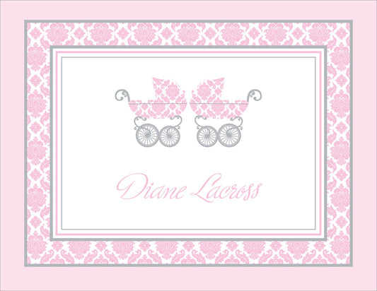 Damask Pram Pink Twins Note Cards