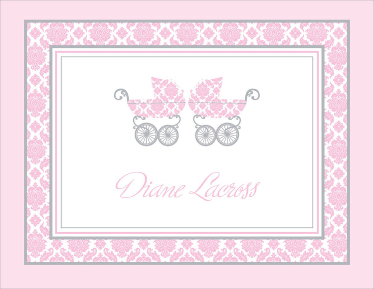 Damask Pram Pink Twins Note Cards