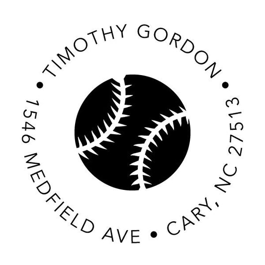A black baseball stamp graphic is centered, with "Timothy Gordon" and "1546 Medfield Ave, Cary, NC 27513" in a circle—ideal for the Noteworthy Solid Baseball Stamper or Embosser.