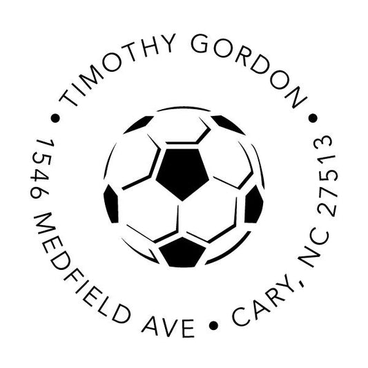 The Noteworthy Soccer Ball Stamper or Embosser features a black and white soccer ball design at the center, with your name and address forming a circular border—ideal for personalized self-inking stamps or embossers.