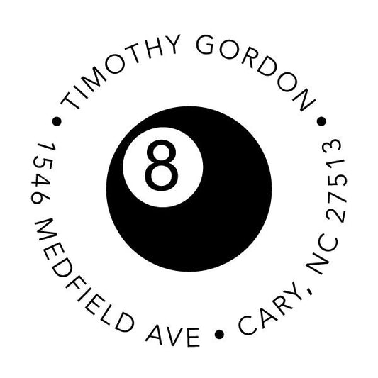 The Noteworthy Eight Ball Pool Stamper or Embosser features a black eight ball with the name Timothy Gordon and address 1546 Medfield Ave, Cary, NC 27513 in a circular layout—ideal for custom self-inking stamps or embossers.