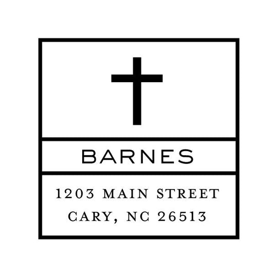 The Noteworthy Simple Cross Square 2 Stamper or Embosser features a black cross above "BARNES" and "1203 Main Street, Cary, NC 26513" inside a bordered square—perfect for embossers or self-inking stamps.
