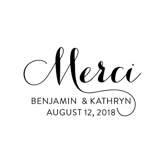 Merci" appears in elegant script, with "Benjamin & Kathryn August 12, 2018" in uppercase below on a white background—ideal for use with the Noteworthy Merci Stamper or Embosser.