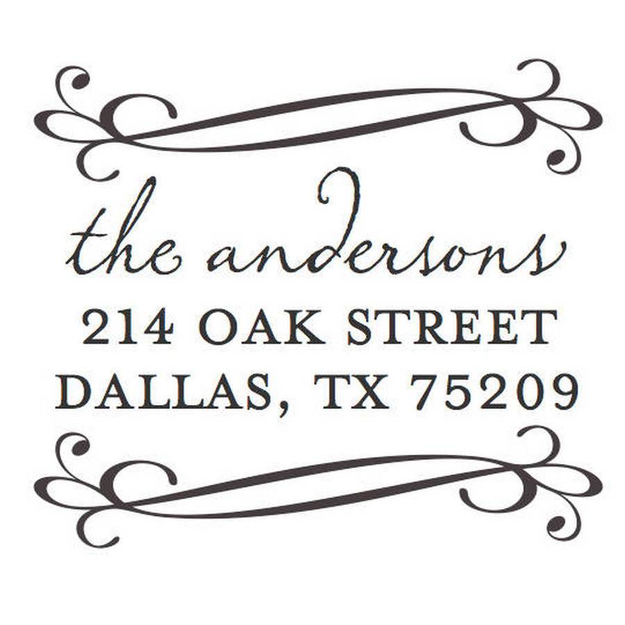 A black and white address stamp with a Noteworthy Simple Floral Ribbon Scroll Square Stamper or Embosser and the words 'the andersons'.