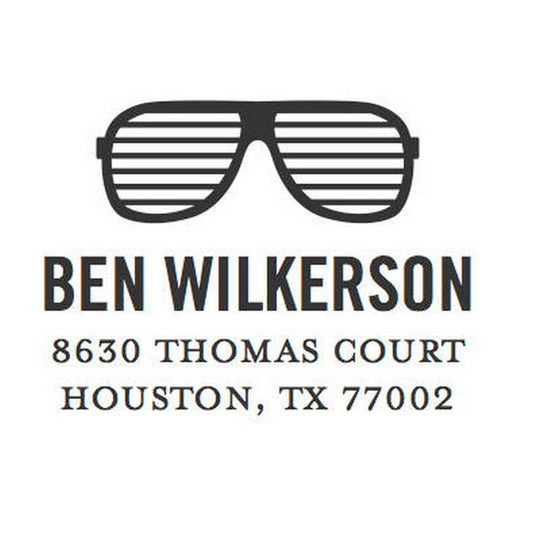 A black striped sunglasses logo—referencing the Noteworthy Sunglasses / Shades Stamper or Embosser—appears above "Ben Wilkerson" and "8630 Thomas Court, Houston, TX 77002" in bold on a white background.