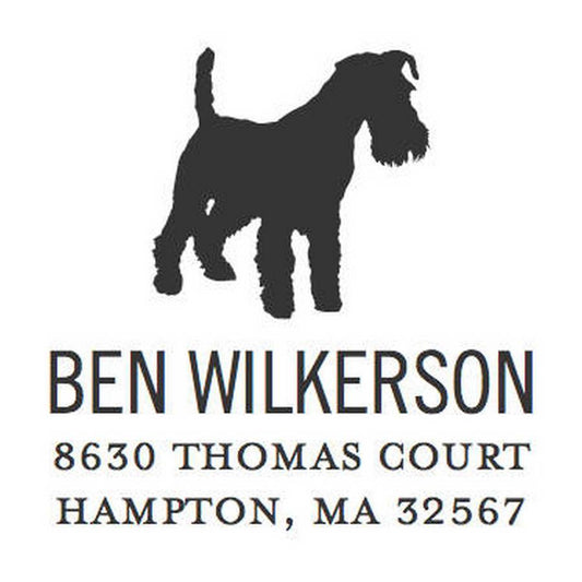 The Noteworthy Schnauzer Square Stamper or Embosser features a Schnauzer silhouette above your custom text—perfect for personalizing mail with a stylish self-inking stamp or embossed finish.