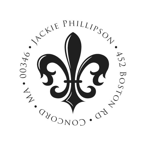 A black and white self-inking Noteworthy Fleur de Lys Stamper or Embosser with the name Jackie Phillipson.