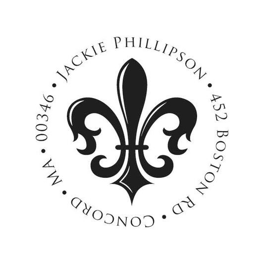 A black and white self-inking Noteworthy Fleur de Lys Stamper or Embosser with the name Jackie Phillipson.