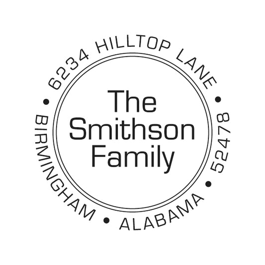 The Noteworthy Modern Family Name Stamper or Embosser features a double line circle border and is perfect for adding a personalized touch to the Smithson family's correspondence.