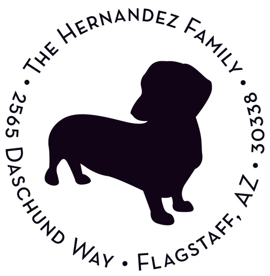 The Dachshund 2 Stamper or Embosser by InvitationBox.com features a black dachshund silhouette with "The Hernandez Family" and a Flagstaff, AZ address—ideal for personalized stationery or as a unique dog-themed embosser.