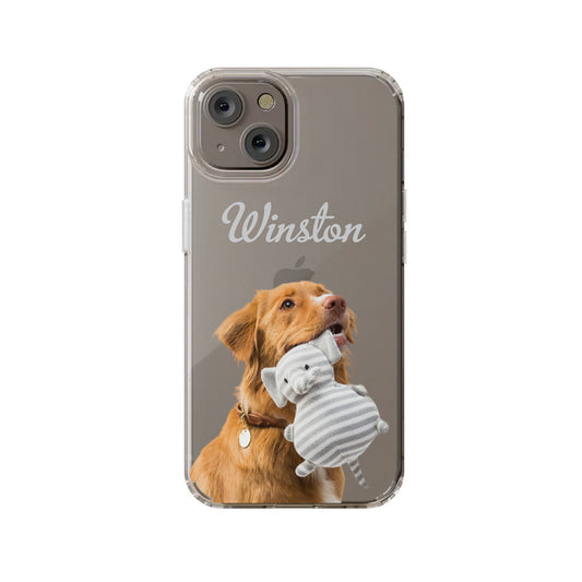The Custom Photo Cut Out iPhone 14 Clear Case by InvitationBox.com features "Winston" and a brown dog with a gray striped stuffed toy—ideal for dog lovers seeking a personalized iPhone case with a unique touch.