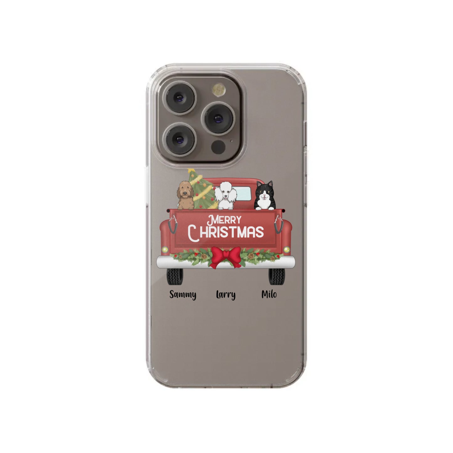 Custom Merry Christmas Pets in Truck iPhone 14 Clear Case