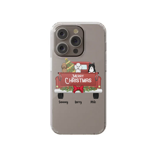 Show off your pets with the Custom Merry Christmas Pets in Truck iPhone 14 Clear Case by InvitationBox.com, featuring three dogs—Sammy, Larry, and Milo—in a red truck and "Merry Christmas" for a festive, personalized holiday look!.